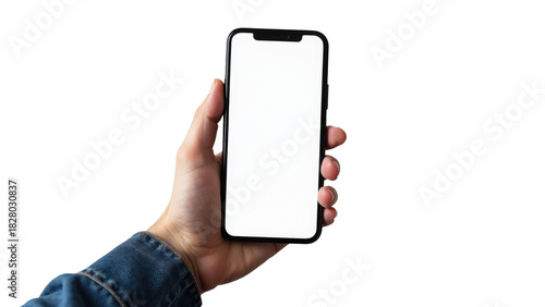 A person holding a cell phone with a white screen, perfect for use in technology or modern life scenes