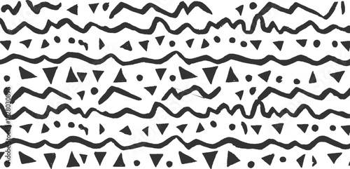 Black and white abstract pattern with wavy lines and geometric shapes vector