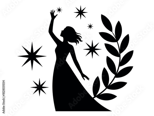 A silhouette of a woman reaching for stars with a laurel wreath to her right.