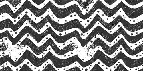 Dark grey wavy zig zag pattern with scattered dots and brush strokes on white background texture abstract
