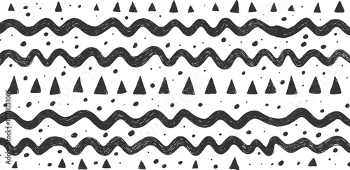 Black and white hand drawn pattern with wavy lines triangles and dots abstract background