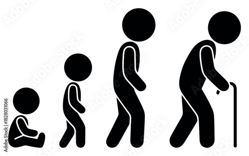 Human life cycle evolution silhouette icon set depicting multiple age stages, ideal for educational graphics, development themes, timeline visuals, growth concept artwork, and simple minimal icon 