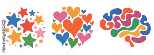 Colorful star and heart decorative icon set with bright playful shapes, ideal for kids’ artwork, celebration designs, fun graphics, cute themed illustrations, and vibrant modern visuals