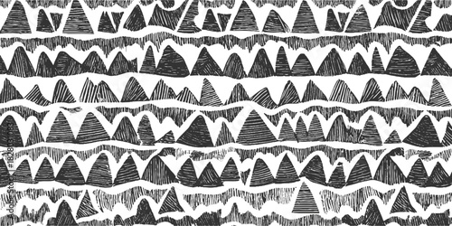 Black and white abstract mountain landscape pattern with textured triangular shapes and wavy lines background