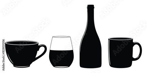 Silhouette of a wine bottle and various drinking vessels