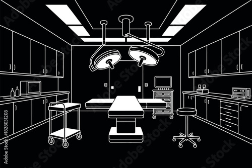 An operating room is depicted with surgical lights and medical equipment.