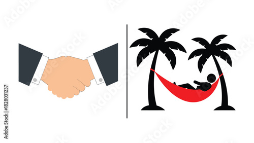Work-Life Balance Concept Vector Illustration: Professional Handshake and Person Relaxing in Hammock between Palm Trees.