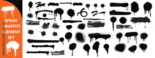 Spray graffiti element set, can splatter brush drip freehand kit, vector urban street black grunge. Cool hand writing stain splash, dirty messy airy ink stroke and circles. Spray graffiti dark  bigset