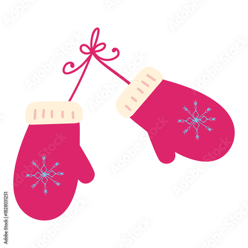 Christmas mittens illustration, cute flat woolen gloves hanging on a string, a cozy festive vector design perfect for winter holiday decoration, children’s apparel graphics, Scandinavian seasonal 