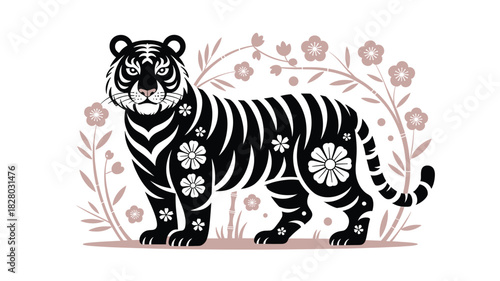Elegant Lunar New Year 2022 Tiger Illustration with Flowers, Featuring Black Tiger and Pink Floral Elements in a Papercut Style Aesthetic