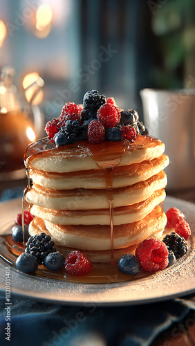 A highly detailed 3D render of a stack of fresh, warm pancakes topped with berries and syrup on a breakfast table
