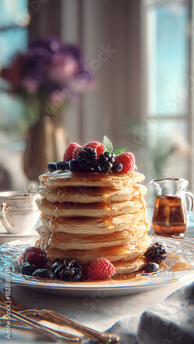 A highly detailed 3D render of a stack of fresh, warm pancakes topped with berries and syrup on a breakfast table