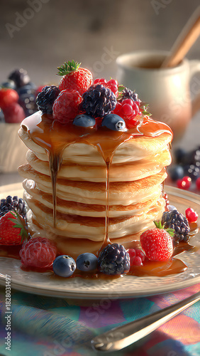 A highly detailed 3D render of a stack of fresh, warm pancakes topped with berries and syrup on a breakfast table