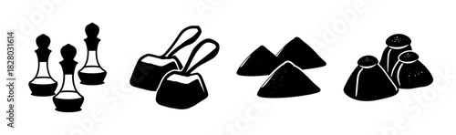 Cooking ingredients icon set: bottles, scoops, and spice piles for recipes