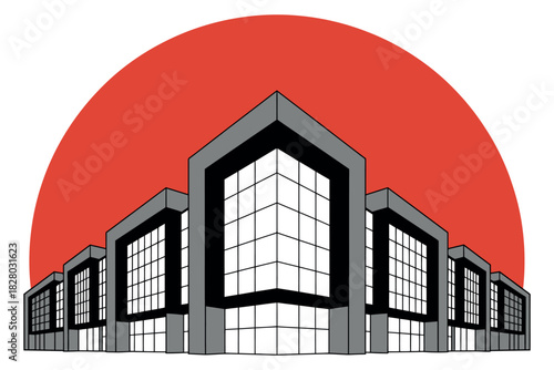 Modern commercial buildings are silhouetted against a large red circle.