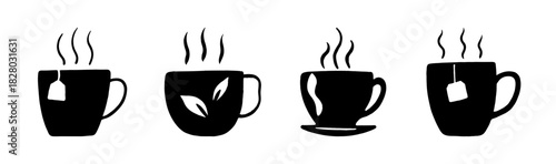 Hot tea cups with steam icon set. various designs, warm beverage concept vector.