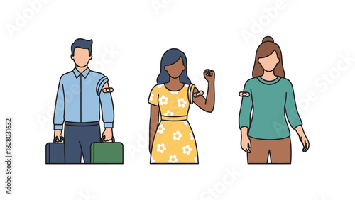 Diverse Group of People Showing Arm Bandages After Vaccination. Men and Women Immunized Against Disease, Promoting Health and Safety. Vector Illustration.