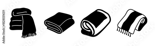 Various towel and blanket icons set. stacked, folded, rolled, and striped textile symbols.
