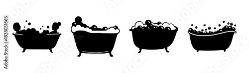 Set of four bathtub silhouettes with bubbles, featuring hygiene, relaxation, and wellness.