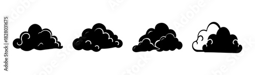 Stylized black cloud icons set, weather forecast element, smoke, graphic design asset
