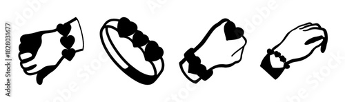 Stylized hands wearing heart-shaped bracelets and ring, graphic vector illustration set