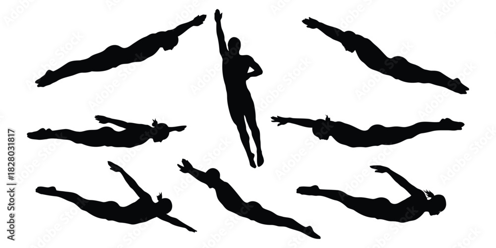 Naklejka premium Swimmer Silhouettes In Various Diving Poses swimming