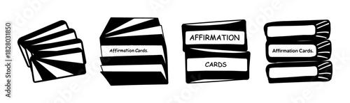 Monochrome illustration of affirmation card sets for mindfulness and positivity.