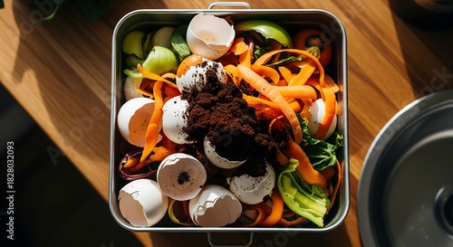 Home Compost Bin with Vegetable Peelings, Eggshells and Coffee Grounds, Sustainable Texture and Dirty Ecology