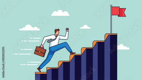 Businessman Climbing Stairs Towards Red Flag Goal. Concept of Career Growth, Ambition, Success, and Business Achievement. Vector Illustration.