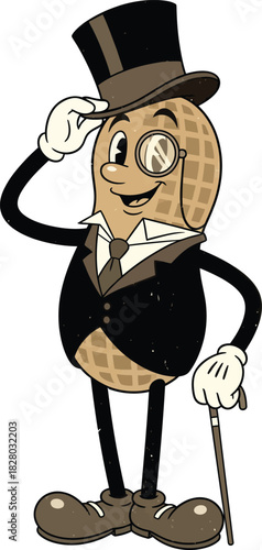 Aristocrat Peanut Gentleman Cartoon Character with Cane, Monocle and Top Hat.