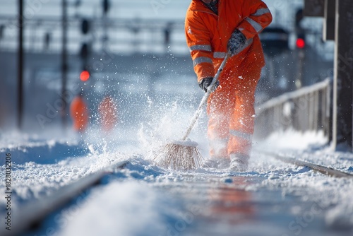 Snow removal worker clears train tracks during winter storm in bright orange uniform