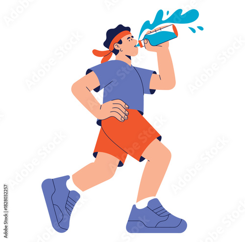 A person drinks water from a bottle while running, demonstrating hydration during exercise.