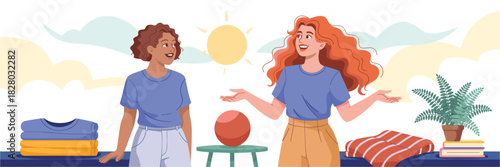 Two friends chatting while organizing clothes in a bright, sunny space with calming colors, depicting friendship, lifestyle, and domestic chores.