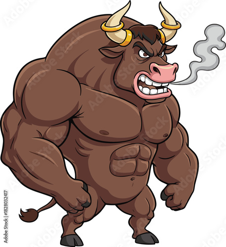 Strong muscular cartoon bull character standing angrily with steam from nose, symbolizing power, strength, aggression, determination, and fierce animal attitude.
