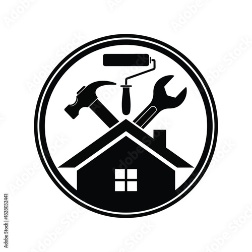 Black house icon with tools hammer wrench roller home