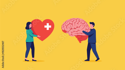 Mind and Body Health Balance Concept. Vector illustration of people holding brain and heart symbolizing mental and physical wellness and holistic health.
