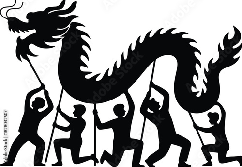 People carrying a large dragon silhouette in a festive parade