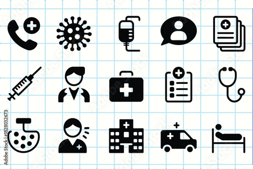 Hand-drawn doodle medical healthcare icons collection on white