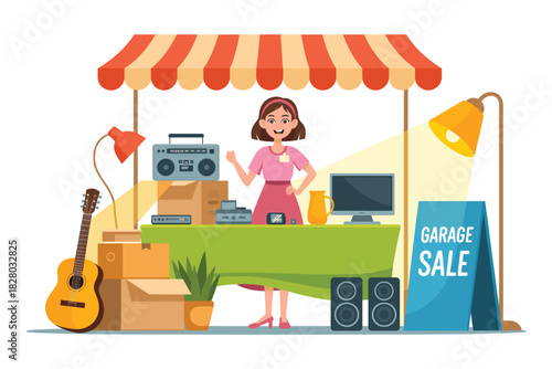 Friendly woman at a garage sale selling electronics, vintage items, and plants under a striped awning, promoting decluttering and finding great bargains.