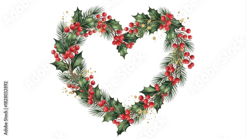 Watercolor Heart Christmas Wreath with Holly Leaves, Pine Branches and Red Berries