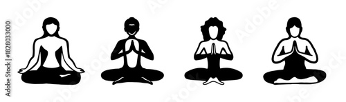 Set of diverse stylized yoga meditation icons representing wellness, mindfulness and peace