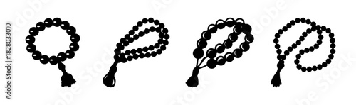 Set of black prayer beads illustrations, traditional religious rosary tasbih misbaha