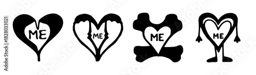 Hand-drawn hearts with "me" in various quirky styles, symbolizing self-love and identity.