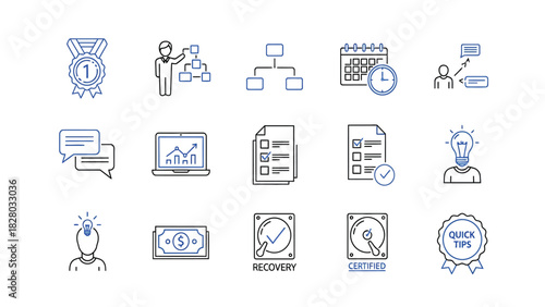 Vector Line Icons Set of Business Management, Success, Strategy, Data Recovery, Finance, and Communication Symbols