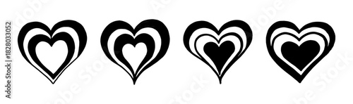 Four abstract layered heart shapes, black and white vector icons, symbol of love and affection.