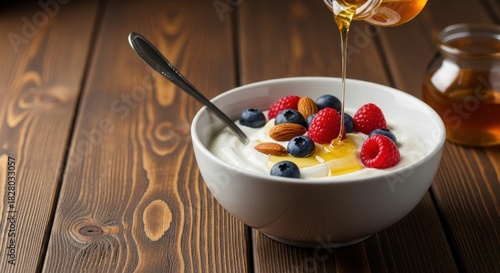 Delicious breakfast bowl with yogurt, berries, and honey for a healthy start to your day