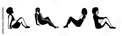 Female silhouettes in various relaxed sitting poses, minimalist vector illustration