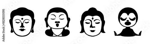 Stylized buddha head and meditative figures vector illustration set in black and white