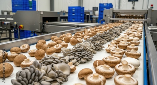 Fresh mushrooms ready for sale on the conveyor belt in a bright modern food processing factory