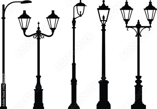 Elegant collection of various street lamp silhouettes, illustrating classic and modern outdoor lighting designs for urban and architectural concepts